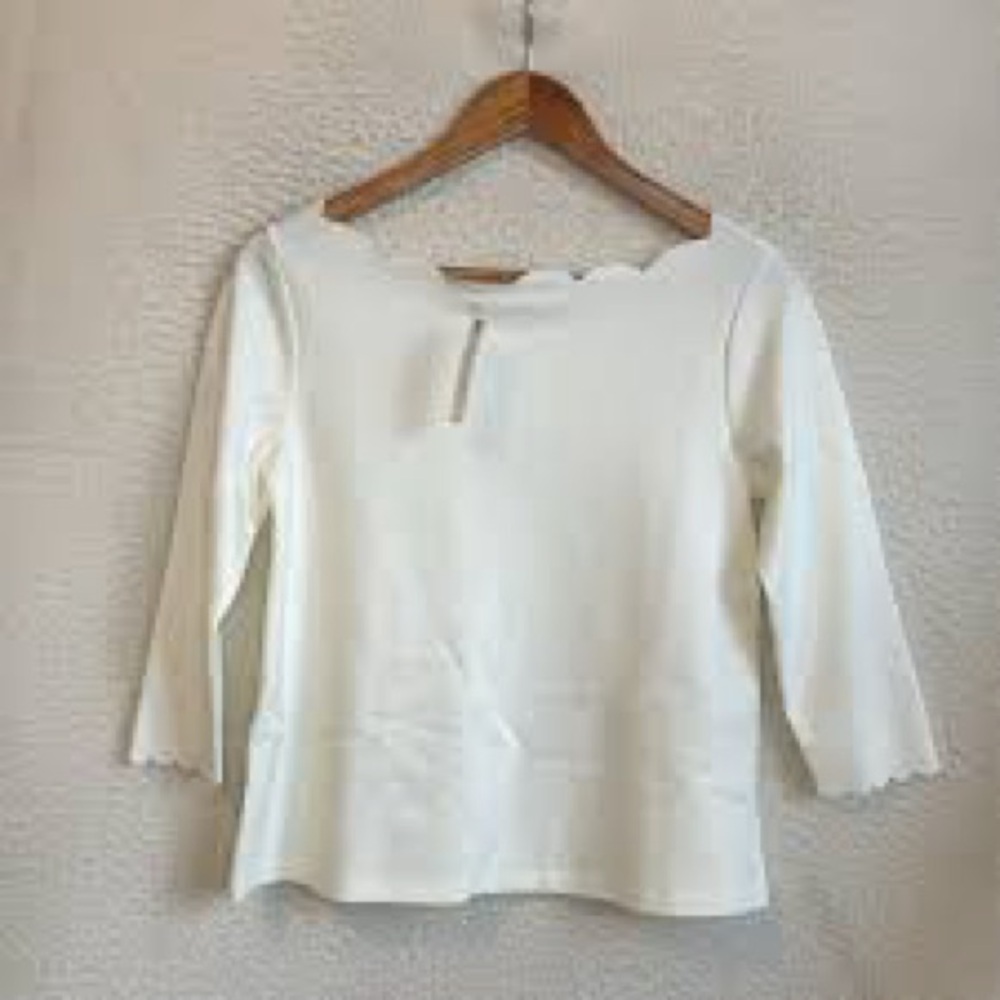 Anthropologie Cream Scallop Neck 3/4 Sleeve Blouse